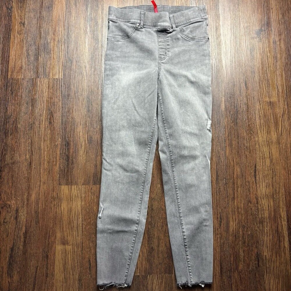 Spanx Pull On Skinny Jeans Gray Distressed Raw Hem Women’s Size Medium